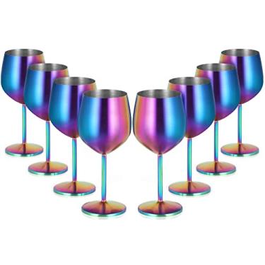 Imagem de Lifecapido Conjunto de 8 taças de vinho de aço inoxidável coloridas de 532 ml, taças de vinho de metal com haste com escova para festa, escritório, casamento, aniversário, ótimo para vinho branco tinto