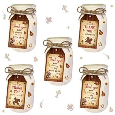 Imagem de Cheereveal Etiquetas de agradecimento de caubói, 100 peças, decorações de chá de bebê caubói para meninos, etiquetas de lembrancinha de festa de cowboy ocidental para chá de bebê com tema ocidental,