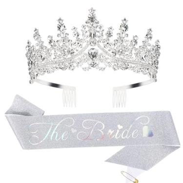 Imagem de Casoty Kit de faixa e tiara Silver Bride to Be, artigos para despedida de solteira, faixa de despedida de solteira, tiara de noiva para chá de panela, conjunto de faixa de noiva para festa de