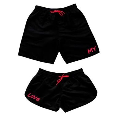 Imagem de Kit Casal Feminino e Masculino Short Moda Praia Tactel Bermuda Frase M