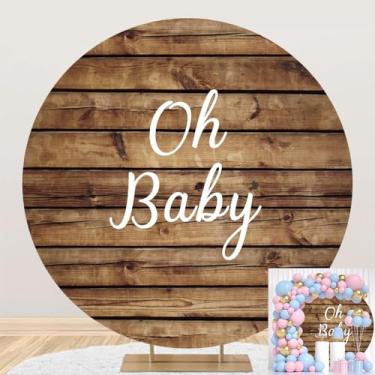 Imagem de Leowefowa Pano de fundo de madeira vintage de poliéster, 2,3 x 2,3 m, fundo redondo de madeira rústica, fundo de madeira, marrom, chá de bebê, aniversário, gênero, revelação, círculo, fotografia, pano