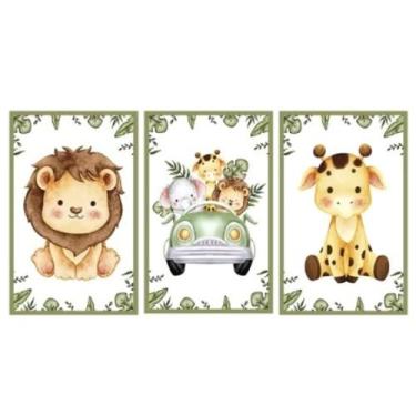 Imagem de Kit 3 Quadros Decorativos Safari Aquarela Infantil Bebe Quarto Menino 