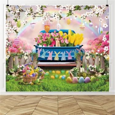 Imagem de ZJRBJB Pano de fundo de fotografia de primavera de 3 x 2,4 m caminhão azul ovos coloridos flores fundo de tulipa floral jardim pano de fundo para chá de bebê decorações de festa suprimentos retrato