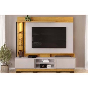 Imagem de Rack Bancada c/ Painel p/ TV até 70 Polegadas Martino Prateleira Nichos e Pés 200x190cm Cedro/Bali - DJ Móveis