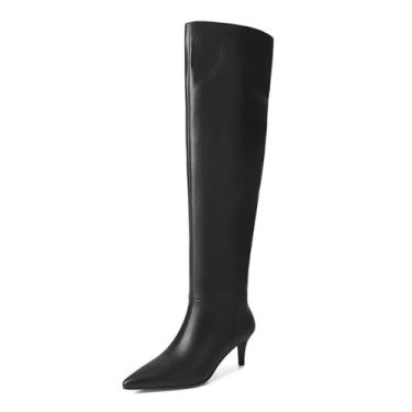 Imagem de UNWRBD Botas de couro genuíno de 6 cm até o joelho simples bico fino stiletto plissado botas elegantes senhoras salto alto, preto, US7 EU39