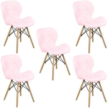 Imagem de Kit 05 Cadeiras Charles Eames Eiffel Slim Wood Estofada - Rosa Claro -