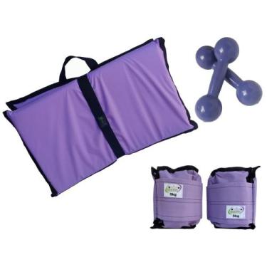 Imagem de Kit Tornozeleira 5KG Nylon Lilás + Halteres 5KG Lilás + Colchonete Dob