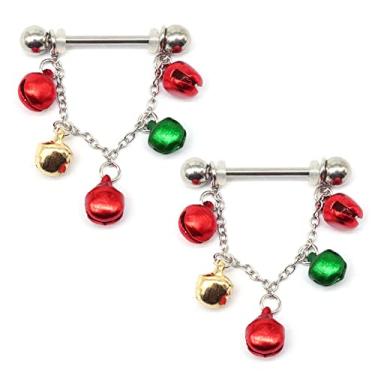 Imagem de 14G Jingle Bell Pendente Anéis de Mamilo Aço Inoxidável Brincos de Argola Piercing de Língua Piercing de Barbell Bola Vermelha Verde Miçanga Natal Piercing de Mamilo Joias para Mulheres Meninas, Aço inoxidável, Sem pedras preciosas