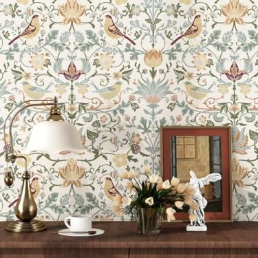 Imagem de Skyblur Papel de parede removível retrô de 43 cm x 808 cm, papel de contato para armários e gavetas, vintage, pássaros, floral, papel de parede texturizado, papel de parede, prateleiras de murais à