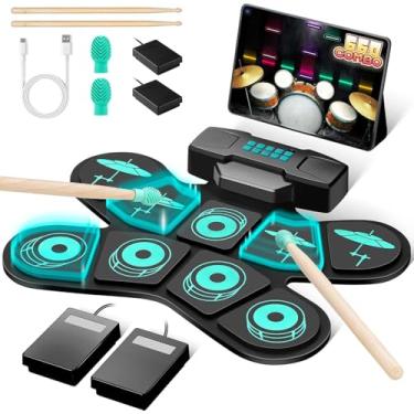 Imagem de ANVAR Kit de bateria eletrônica portátil VD-SJG，Eletrônica Portátil com 9 Pads Sensíveis, Alto-falantes Duplos, Conexão MIDI e 4h de Bateria - Ideal para Iniciantes, Prática em Casa e Presente Musical