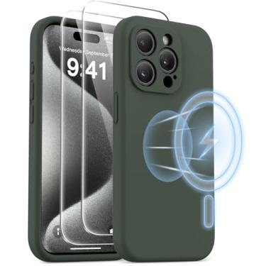 Imagem de AOTESIER Capa magnética para iPhone 15 Pro, [compatível com Magsafe] [Silicone de grau alimentício] Capa de proteção de tela e câmera atualizada com [2 protetores de tela], 6,1 polegadas, verde alpino