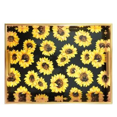 Imagem de Conjunto de 2 bandejas decorativas douradas de girassol, bandejas de plástico para servir com alças, bandeja retangular de mesa de café, bandejas de encaixe para sala de estar, banheiro, otomano