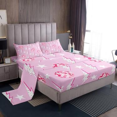 Imagem de Jogo de lençol Queen feminino Western Cowgirly, bola de discoteca, estrela, flash, decoração de quarto de meninas e mulheres, geométrico, ponto relâmpago, patchwork, rosa, sonhador, 4 peças (elástico