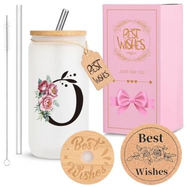 Imagem de HWJH Copo de vidro inicial personalizado para mulheres - Copo de vidro à prova de vazamento de 473 ml com tampa e canudos, conjunto de presente com monograma, copo reutilizável fosco fosco para café,