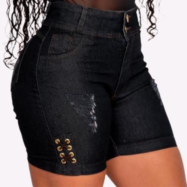 Imagem de Short Jeans Feminino Cintura Alta Lycra Empina Bumbum Com Ilhós Premiu