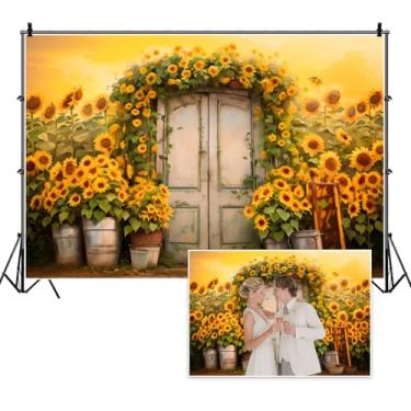 Imagem de Vie Savaran 1,8 x 1,2 m, girassol, vintage, flores amarelas, fundo rústico, porta de madeira antiga, fazenda, faixa fotográfica, para dia das mães, casamento, chá de panela, dia das mulheres