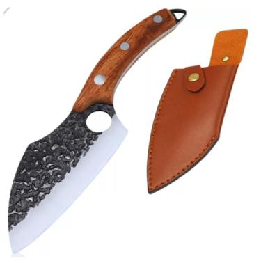 Imagem de Cutelo Artesanal de Aço Manganês com Cabo de Madeira, Lâmina Forjada, com Bainha de Couro