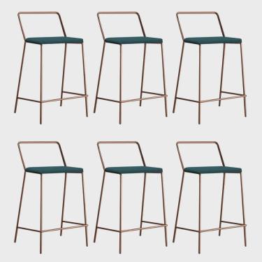 Imagem de Kit 06 Banqueta Alta Com Encosto Mili Industrial Cozinha Bistrô Ferro Bronze Sintético Azul Turquesa - Ahz Móveis