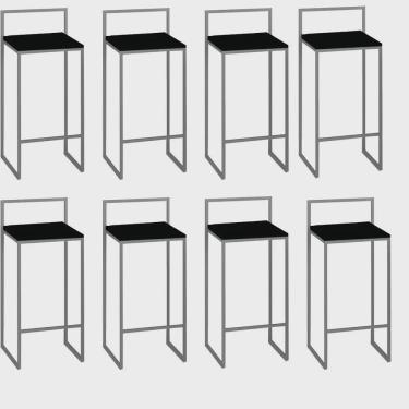Imagem de Kit 08 Banquetas Alta Com Encosto Lino Industrial Balcão Bistrô Ferro Cinza mdf Madeira Preto - Ahz Móveis