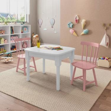 Imagem de Mesa Infantil com 2 cadeiras Mariah Madeira Maciça e Laca Casatema Branco/Rosa
