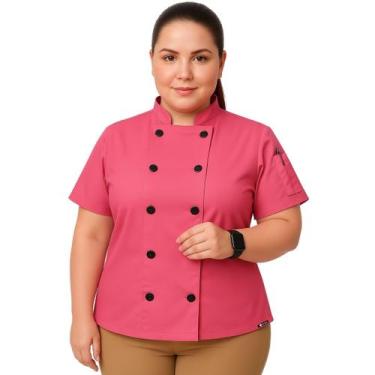 Imagem de Dólmã Para Chef De Cozinha Feminina Plus Size Uniforme Rosa Manga Curt