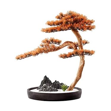 Imagem de MINJING Bonsai artificial, árvore de bonsai artificial, simples e generosa, resina de silicone, folhas de pinheiro, decoração ornamental em vaso de cerâmica, sala de estudo, escritório, sala de estar