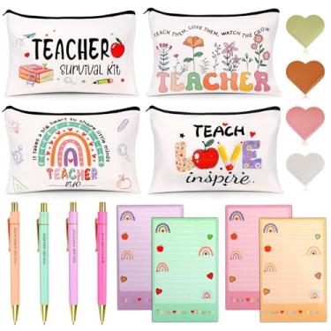 Imagem de Presentes de agradecimento de professores a granel, 16 peças de presentes para mulheres com kit de sobrevivência para professores, bolsas de maquiagem, marcadores, bloco de notas e canetas, presentes