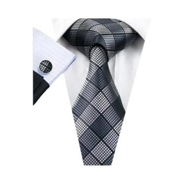 Imagem de Conjunto de Gravata e Abutões Masculinos - Seda Jacquard Preto, Branco
