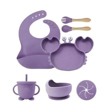 Imagem de Conjunto Refeição De 7 Peças Para Bebe De Silicone Com Ventosa Canudo Talher e Babador (Roxo)