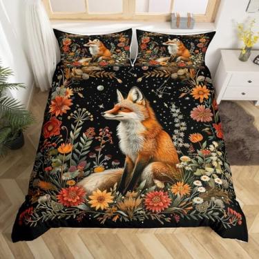 Imagem de Conjunto de capa de edredom Fox Boho, tamanho king, exótico tribal palnt animal, 3 peças, margarida galáxia, floral, decoração de quarto infantil, adolescentes, meninas, flores selvagens, capa de cama