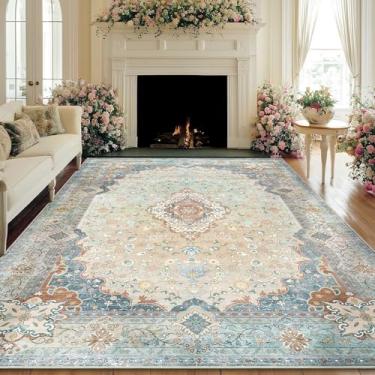Imagem de Brakki Tapetes laváveis de 20 x 25 cm para sala de estar, tapete boho grande vintage azul bege para escritório, quarto, sala de jantar, antiderrapante, macio, tapete floral, piso interno, resistente a