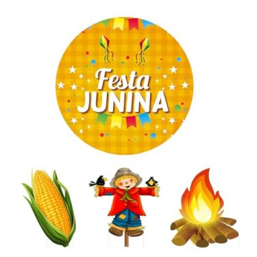 Imagem de Painel De Festa Redondo 50cm com Suporte MDF + 03 Totens Display MDF 25cm Festa Junina (PD050-FJN0006)
