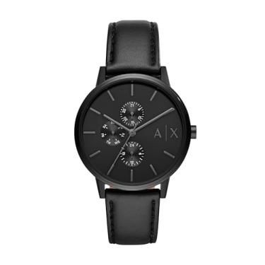 Imagem de Relógio masculino A|X Armani Exchange com mostrador analógico de três ponteiros e pulseira de aço inoxidável ou couro, masculino, Couro preto/preto, Cayde