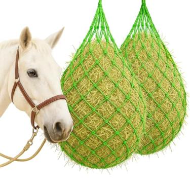 Imagem de MJFSGYO 2 peças de rede de feno de 101 cm para cavalos, alimentador de saco de feno de alimentação lenta, feito de corda de nylon durável, regula a ingestão de feno, portanto, melhora a digestão, para