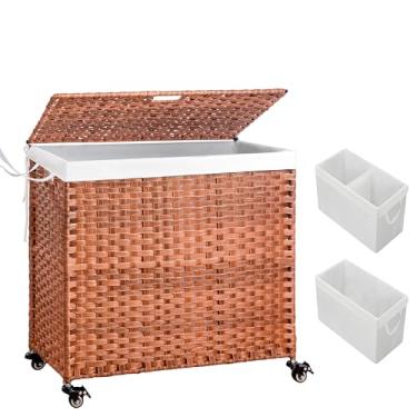 Imagem de Cesto de roupa suja com tampa revestimento em pó de rattan em PE, cestos de roupas com 02 sacos removíveis, rodas, 160L, cor marrom
