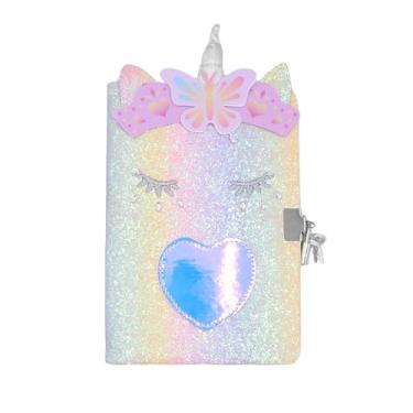 Imagem de Caderno de unicórnio de desenho animado brilhante com cadeado e chaves bloco de escrita colorido A5 forrado com 152 páginas