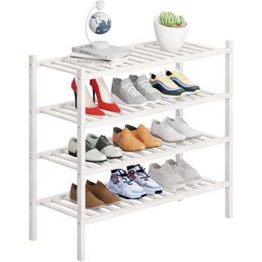 Imagem de Buymoth Organizador de armazenamento de sapatos de bambu de 4 níveis para armário, organizador multifuncional empilhável de prateleira de sapatos para espaços pequenos, entrada, corredor, banheiro 68
