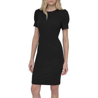 Imagem de DKNY Vestido feminino de manga curta bufante gola joia com zíper exposto na altura do joelho, Preto, 36