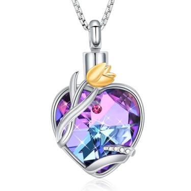 Imagem de Oinsi Joias de cremação, colares de urna de coração para cinzas para mulheres, pingente de cinzas humanas em memória de tulipa com pingente de pedra do mês de nascimento, Diamante