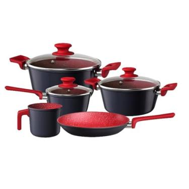 Imagem de Jogo de Panelas 8 Peças com Leiteira Preto com Vermelho Antiaderente Indução PFOA Free