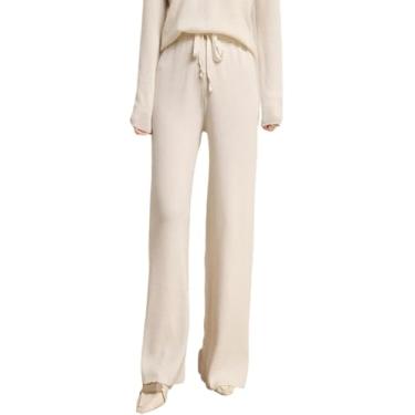 Imagem de 2023 Calças De Malha De Cintura Femininas Outono Inverno Calças De Caxemira Quente, Calças Retas Casuais Com Cós Elástico, Calças De Rua Elegantes Femininas De Perna Larga, White, L