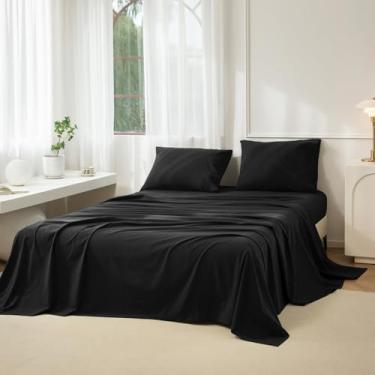 Imagem de JIYUAN Jogo de cama solteiro 100% algodão lavado, 1 lençol com elástico, 1 lençol de cima e 1 fronha, confortável e respirável, preto