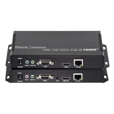 Imagem de ORIVISION Conversor de rede 4K @ 30Hz HDMI USB2.0 KVM extensor de vídeo de 120 m sobre cabo Cat5e bidirecional de áudio/transmissão de microfone adicionando função de ligar e desligar remoto do PC