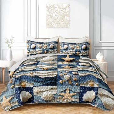 Imagem de QOOMO Conjunto de colcha queen costeira, tamanho casal, 3 peças, conjunto de colchas, estampa de conchas, estrela-do-mar, de microfibra macia, leve, para praia, náutico, com 2 fronhas para todas as
