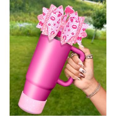 Imagem de Toykee Acessórios de copo Bow Cup para Stanley 40 850 g - Topper de tampa de laço com estampa feminina rosa doce e tampa de palha de diamante com protetor de parte inferior da bota, conjuntos de 3