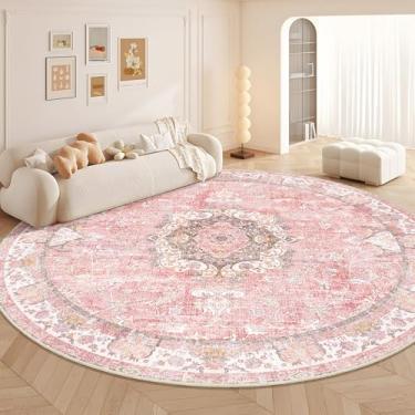 Imagem de Castage Tapete redondo rosa grande de 2,7 m, tapetes Boho Circle para quarto, sala de estar, lavável, vintage, boêmio, envelhecido, oriental, floral, antiderrapante, flores florais