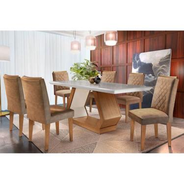 Imagem de Sala de Jantar Completa Alvorada Tampo Madeirado c/ Vidro Canto Reto 180x90cm e 6 Cadeiras Jade Imbuia/Suede Capuccino - Rufato