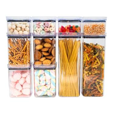 Imagem de Kit 10 Potes Herméticos Acrílico Quadrado Empilháveis, Tampa de Vedação Silicone, Porta Alimentos e Mantimentos, Armário Cozinha Despensa