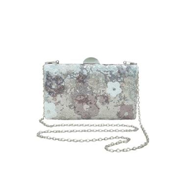 Imagem de Floerns Bolsa tiracolo feminina com lantejoulas e flores, bolsa tiracolo com corrente retrô para noite, Prata, One Size