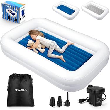 Imagem de USHMA Cama de viagem infantil [4 lados] | Colchão de ar infantil reversível de 2 cores | Cama inflável para crianças | Cama de viagem portátil para crianças infláveis com laterais, azul marinho e